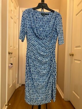 Ralph Lauren Blue & White Geometric Jersey Midi Dress